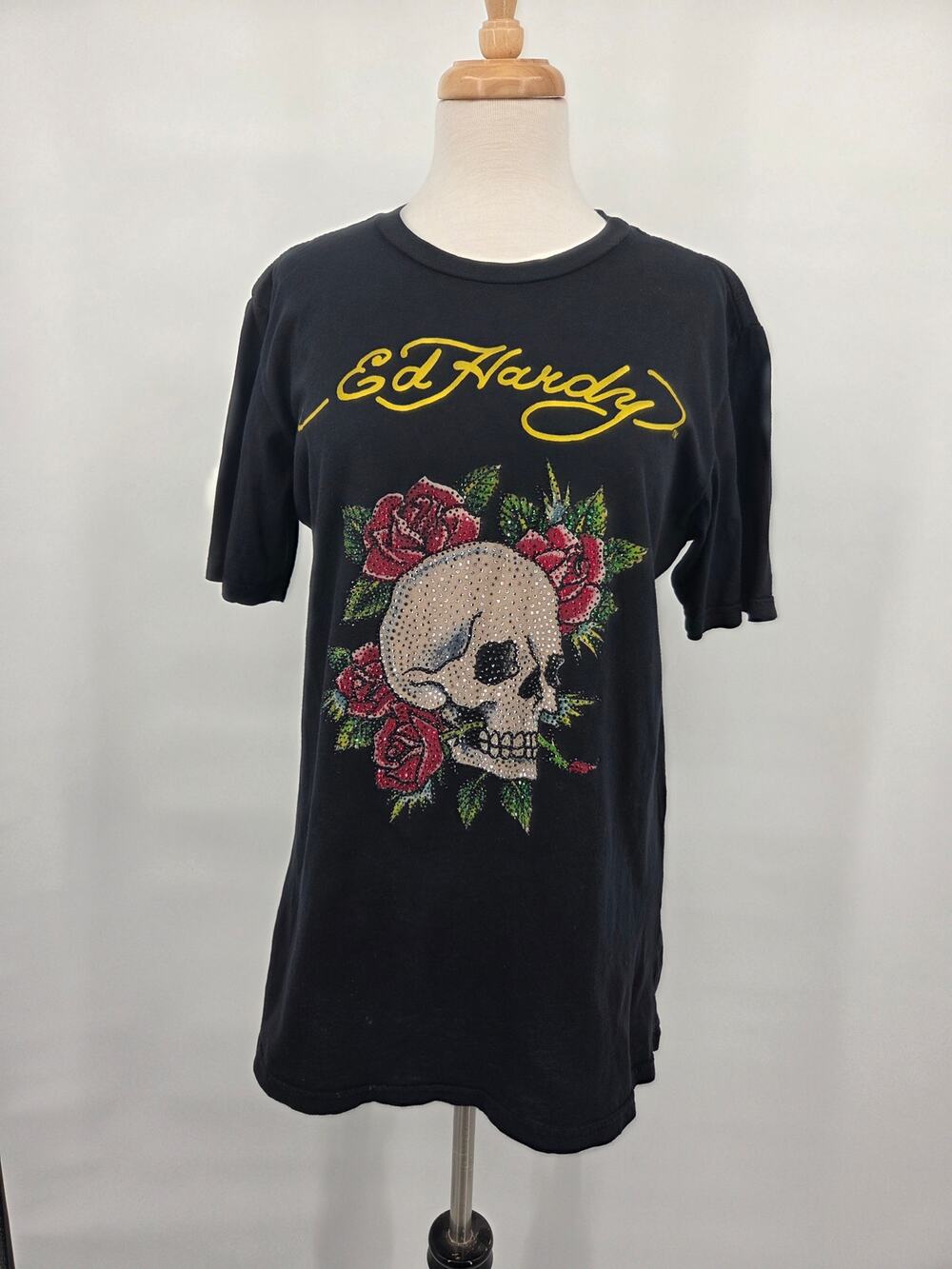 Ed Hardy Skull Roses Rhinestone Tattoo Style Tee Shirt Christian Audigier Large